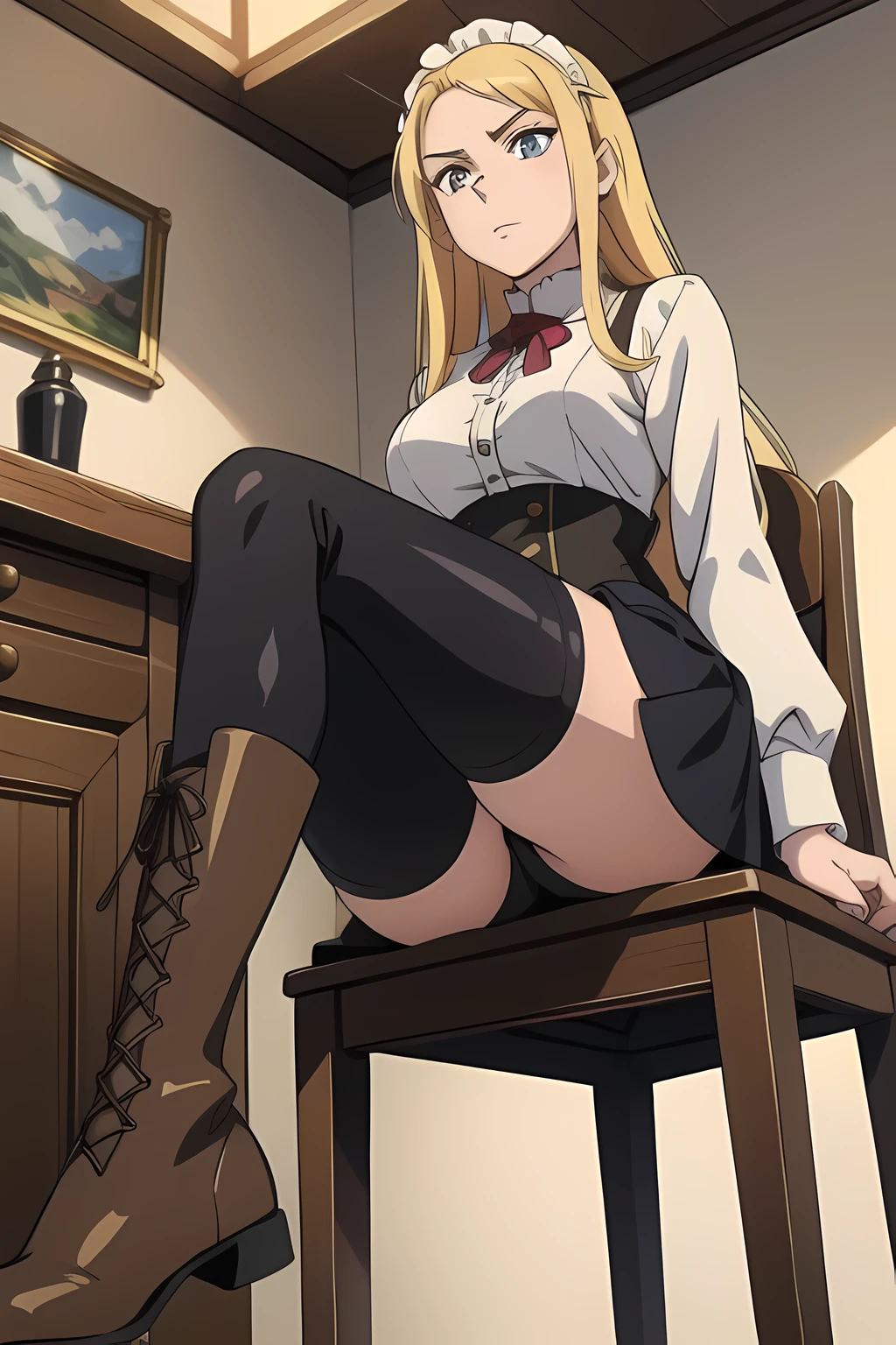 18 year old beautiful girl, Big eyes, , The whole body is visible,Small and thin,Beautiful feet, 8K, highest quality, (Highly detailed head), (Highly detailed face), (Very fine hair), British maid outfit,Brown lace-up riding boots,Shiny riding boots,Black tights,Highly detailed official artwork, Anime Moe Art Style, Beautiful detailed anime art, Glare, Golden Hair, Smooth long hair,Sit on a chair,Elevate your legs,I can see the soles of my shoes,From directly below,