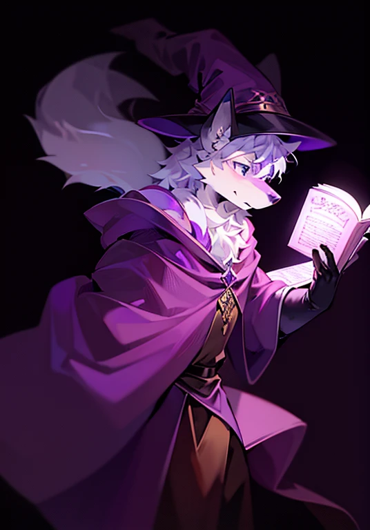black forest, Wizard Peak Hat, Gloves, White Wolf,Purple fur,Magic book,Purple pattern,Slim,Height 176 cm,Purple and gold robe。