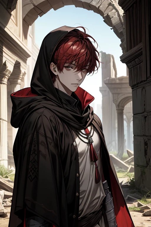male, red short hair with bangs, black eyes, adult face, adult, white hood and shroud, handsome, medieval fantasy, ruins, sorcerer