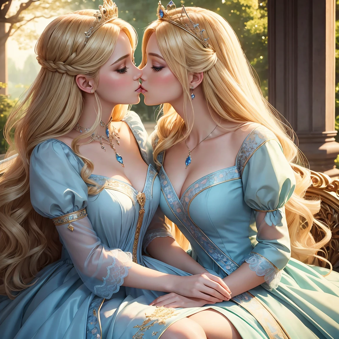 highest quality, High resolution, Super detailed, realistic, Full body shot of blonde princess, detailed and beautiful eyes, beautiful detailed lips, highly detailed eyes and face, long eyelashes, princess in blue royal gown, Gorgeous and colorful makeup, Elegant and classy々pose,shining crown and jewels, Royal gardens as background, soft natural light, Bright colors, fine brush strokes, portrait style, Exquisite details in the dress material, gorgeous color palette, glowing skin, Top-notch rendering that captures every detail, enchanting atmosphere, subtle shadows and highlights, (two princesses is deeply in love with each other:1.3), (kiss:1.2),
