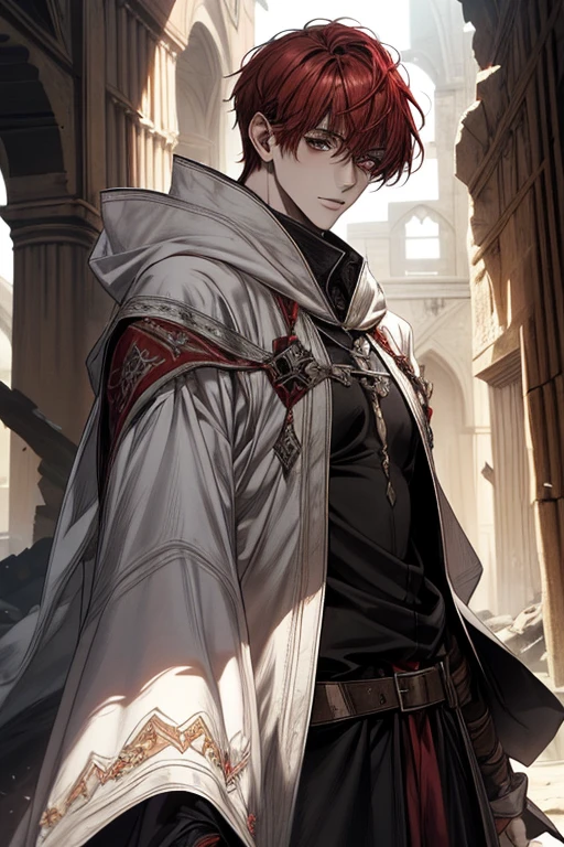 male, red short hair with bangs, black eyes, adult face, adult, white hood and shroud, handsome, medieval fantasy, ruins, sorcerer