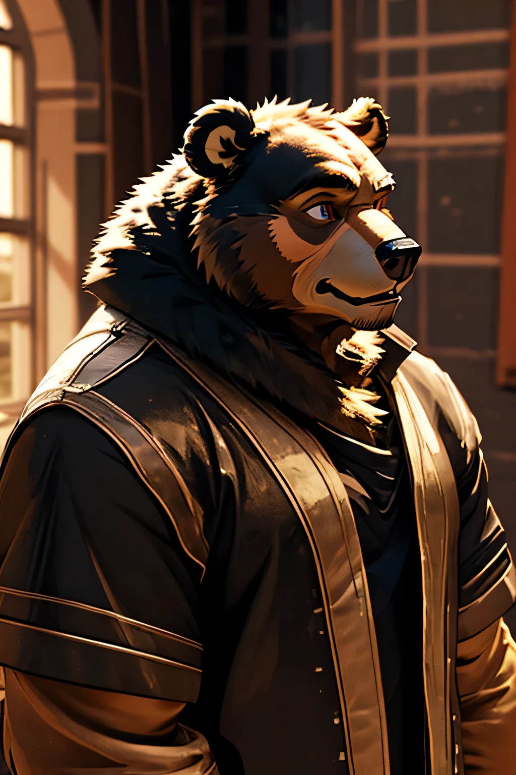 High Detail, clear,Highly sharpened,1080p ,masterpiece,furry,furry brown bear,muscle,strong,Gentle expression,Lively and emotional expressions,Wearing less armor,Front image