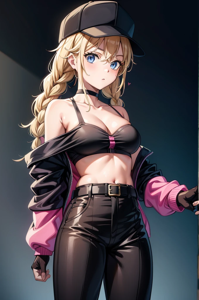 a naked female drawing sitting wearing a bat and baseball uniform on the ground, 1girl, solo, underwear, shorts, bra, hat, blue eyes, black shorts, navel, blonde hair, open clothes, breasts, braid, black bra, twin braids, looking at viewer, black headwear, long hair, shoes, black footwear, stomach, long sleeves, short shorts, baseball cap, open jacket, open fly, jacket, scarf, lace-trimmed bra, holding, thighs, thigh strap, red scarf