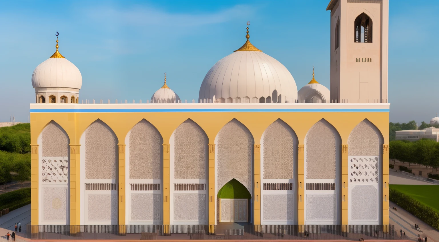 arafed view of a mosque with a tower and a clock tower, mosque, a digital rendering, taken on hasselblad camera,  with beautiful mosques, wide screenshot, floral ornament geometry wall, wind ventilation, emerald roof with gold line, blue clear sky, earth color wall, clean composition, full view architecture