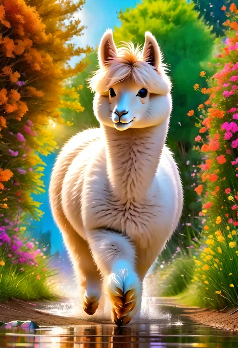 An Alpaca, aesthetic, (best quality,4k,8k,highres,masterpiece:1.2),ultra-detailed,(realistic,photorealistic,photo-realistic:1.37),(alpaca:1.5),colorful,funny,quirky,adorable,lively,expressive,random activities,playful,curious,cheerful,friendly,cute face,fluffy fur,standing upright,sunlit field,rolling on the grass,sprinkling water,running in circles,chasing butterflies,eating flowers,dancing,jumping in puddles,exploring new places,making silly faces,licking its lips,basking in the sun,curled eyelashes,majestic in its playfulness,soft and warm gaze,rainbow-colored mane,whimsical imagination,giggling with joy,painting with its hooves,flying on a magical carpet,posing for a photoshoot,enjoying a picnic,toy box filled with surprises,balloon-filled sky,juggling balls,ice cream truck arrival,musical instruments playing on its back,hula hooping,balancing on a tightrope,reading a book,magical adventures,cookie baking in a treehouse,vibrant colors,glowing with happiness,sparkling stars surrounding it,spreading laughter and happiness to everyone.