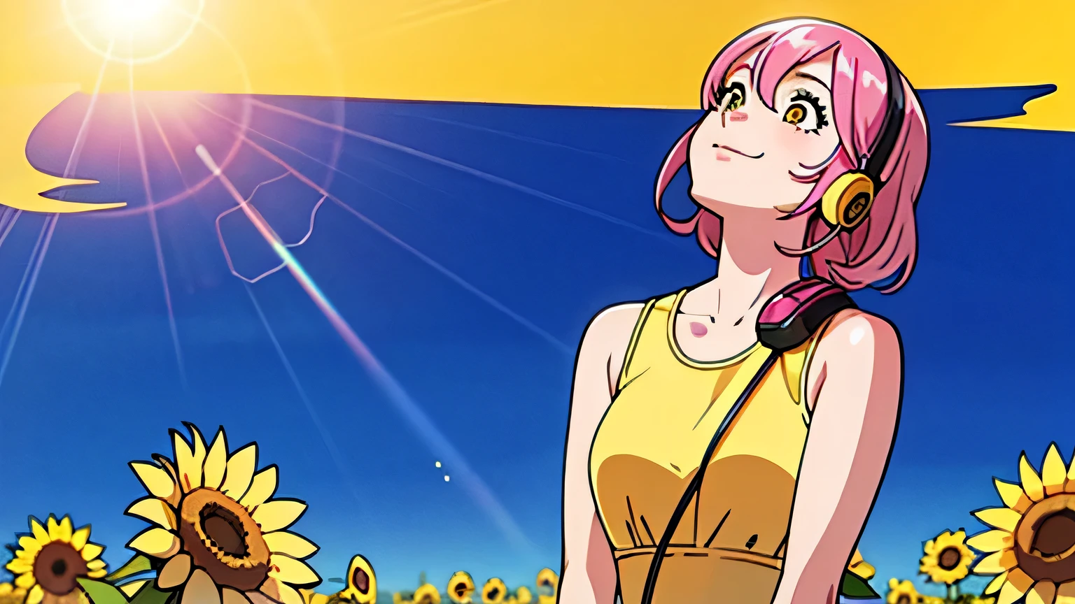 City Pop, girl, Pink Hair, alone, wearing headphones, look up, smile, Standing in the middle of a sunflower field, sunny day