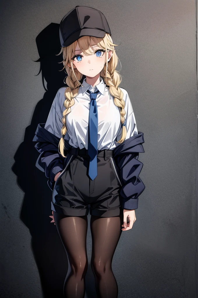 (((grayscale)))(masterpiece:1.2, best quality), (graffiti wall:1.15), 1lady, beanie, jacket, Leggings, blue eyes, fullbody,a beautiful woman with long blond hair and blue eyes leaning up against a wall, 1girl, solo, braid, long hair, pantyhose, shorts, blonde hair, mole under eye, blue eyes, hat, shirt, twin braids, necktie, mole, looking at viewer, long sleeves, black pantyhose, shirt tucked in, blue necktie, closed mouth
