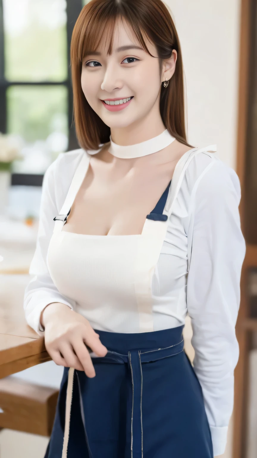 highest quality,masterpiece,Ultra-high resolution, (Realistic:1.4), girl, 18-year-old, (Firm breasts:1.2),  (Slim face, Narrow waist, Thin legs), Charm, after that, look at each other, Dynamic Shot, (black choker) , Long sleeve, bangs, Blue Contact Lenses, smile, Lady, Big Breasts, ((apron)), mini skirt