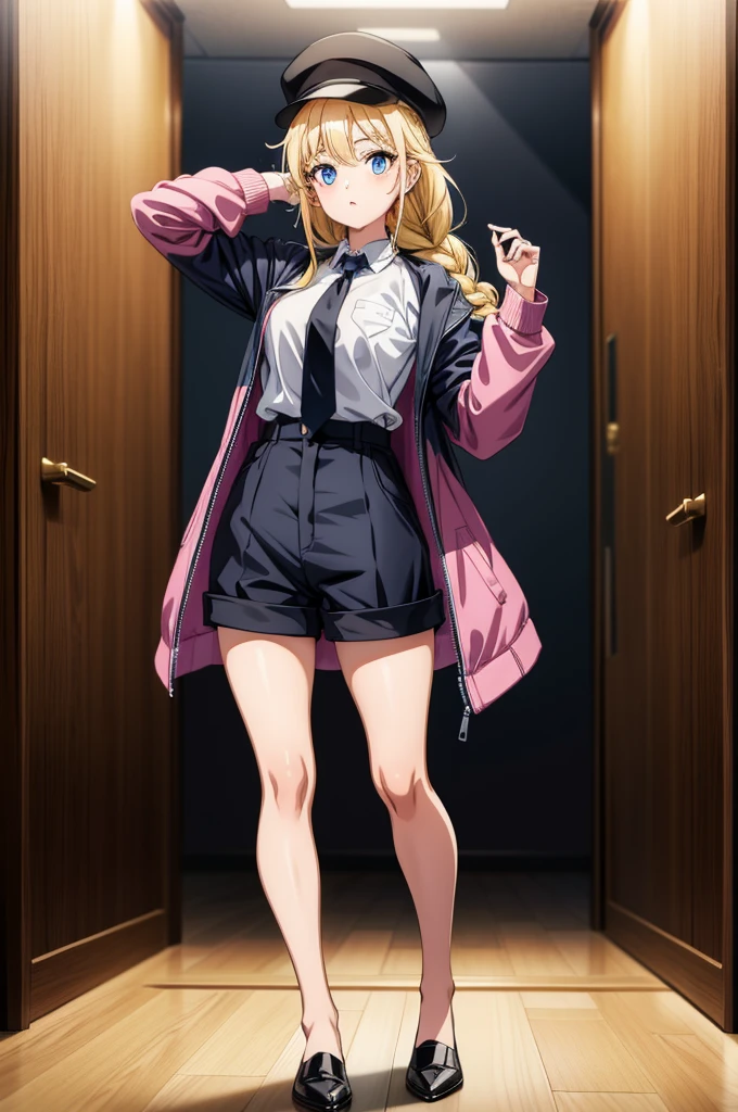 a lady is standing in hall with hands up beside her head and her legs open, 1girl, solo, blonde hair, pantyhose, jacket, shirt, blue eyes, necktie, braid, mole under eye, white shirt, shorts, hat, black pantyhose, long hair, black headwear, looking at viewer, full body, collared shirt