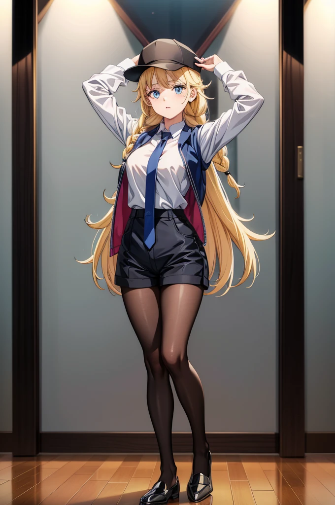 a lady is standing in hall with hands up beside her head and her legs open, 1girl, solo, blonde hair, pantyhose, jacket, shirt, blue eyes, necktie, braid, mole under eye, white shirt, shorts, hat, black pantyhose, long hair, black headwear, looking at viewer, full body, collared shirt