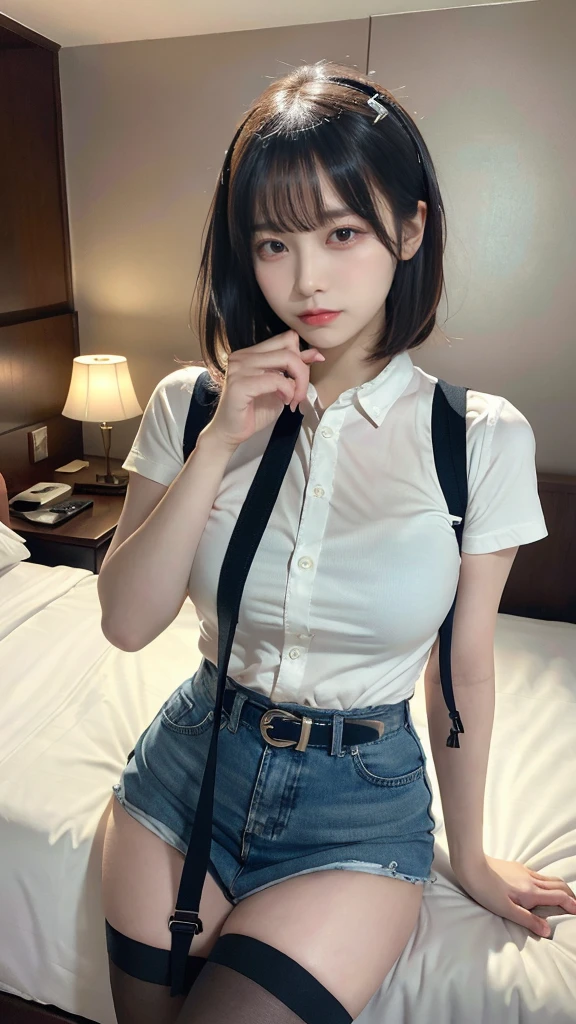 master piece, best quality, illustration, Super detailed, fine details, High resolution, 8K,wall paper, perfect dynamic composition,(Details High quality, realistic depiction of eyes:1.3), (Fashionable, a belt black suspenders, Aside Cutter Shirt, a miniskirt, garterbelts), short bob hair, large breasts, black hair color, Big Natural Color Lip, (perfect body shape), crying a little、Harajuku style、20 year old girl、beautiful legs, hotel room, Gravure Idol, Voluptuous thighs, (woman on top, straddling, sitting)