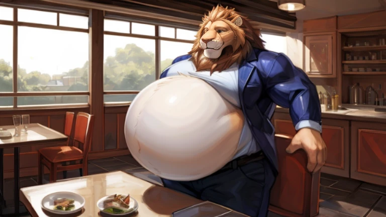 Leodore Lionheart,male,lion,restaurant,extremely muscle,huge balloon belly,obesity,bare belly,glutton,eating,prominent and huge breasts,Top view,sexy,in the kitchen,((extremely pregnant)),((extremely fat)),The abdomen more prominent,Superconvex,cel shading, masterpiece ,(best quality), hi res,(etreme detailed illustration), (detailed CG), (by null-ghost)