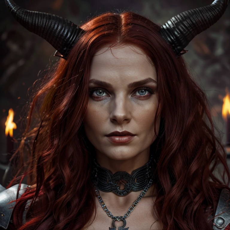 1 Demon woman with horns, fiery red long hair, ultra detailed face and eyes, hyperrealistic, realistic representation, 30 years old, dancing in hell, pretty face, her clothing is a long chain dress, wears high strap boots, in the background you can see demons, full body view 