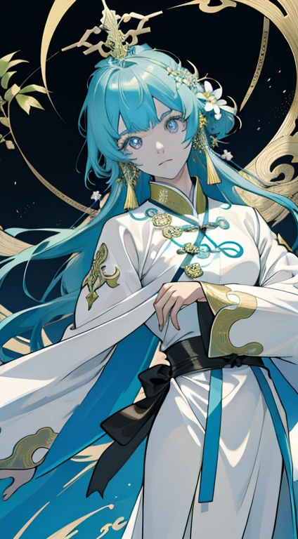 uma pessoa,ancient chinese costume,obra de arte, melhor qualidade, 1 homem, adulto, bonito, cara alto e musculoso, ombros largos, olhos finamente detalhados e rosto detalhado, papel de parede extremamente detalhado da unidade CG 8k, detalhes intrincados, Cabelo castanho longo, rabo de cavalo baixo, fantasia, Complex pattern, rosto detalhado, grandes asas de anjo, Reflexo de lente, Colorida, Particles brancas luminosas, white robe, gold bracelets and accessories, Prism, brilhante, brilha, Particle, flores desabrochando, Adoro comemorar e se divertir, curtindo a natureza, perspectiva brilhante e otimista, Innovation and risk taking, representa felicidade e harmonia, profundidade de campo,obra de arte, melhor qualidade, alta qualidade, Anatomicamente Correto,detalhes altos, super detalhe, 1080p, hiper HD,(absurdo, A high resolution, ultra-detalhado),