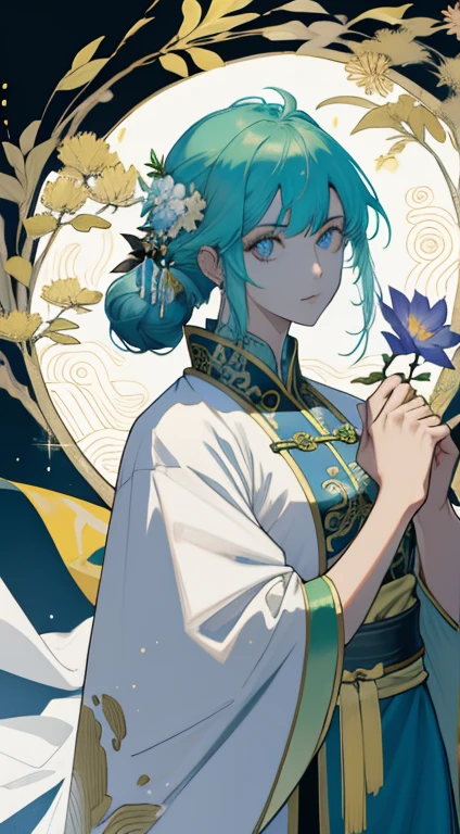 uma pessoa,ancient chinese costume,obra de arte, melhor qualidade, 1 homem, adulto, bonito, cara alto e musculoso, ombros largos, olhos finamente detalhados e rosto detalhado, papel de parede extremamente detalhado da unidade CG 8k, detalhes intrincados, Cabelo castanho longo, rabo de cavalo baixo, fantasia, Complex pattern, rosto detalhado, grandes asas de anjo, Reflexo de lente, Colorida, Particles brancas luminosas, white robe, gold bracelets and accessories, Prism, brilhante, brilha, Particle, flores desabrochando, Adoro comemorar e se divertir, curtindo a natureza, perspectiva brilhante e otimista, Innovation and risk taking, representa felicidade e harmonia, profundidade de campo,obra de arte, melhor qualidade, alta qualidade, Anatomicamente Correto,detalhes altos, super detalhe, 1080p, hiper HD,(absurdo, A high resolution, ultra-detalhado),