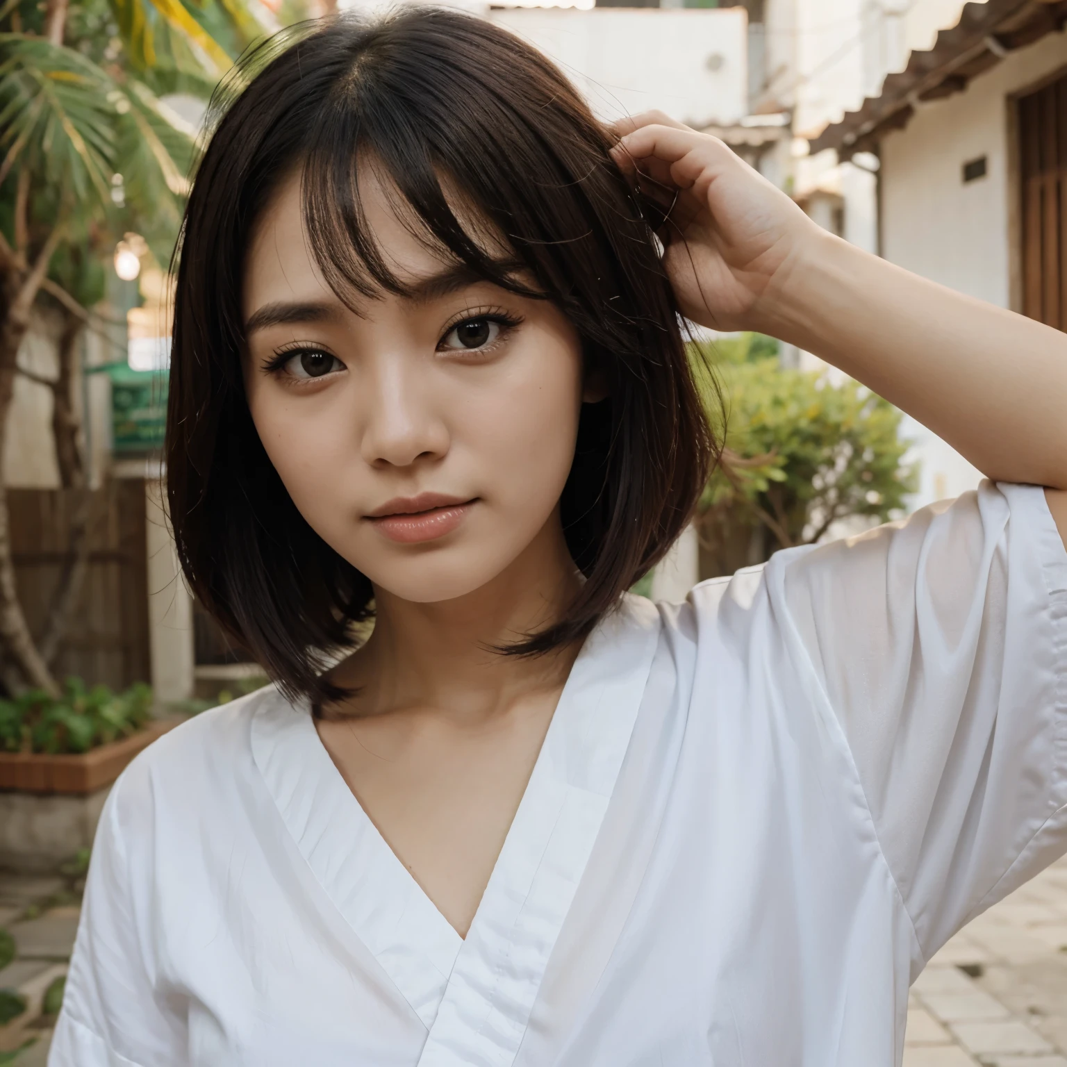Coreana com cabelos brancos e olhos azuis