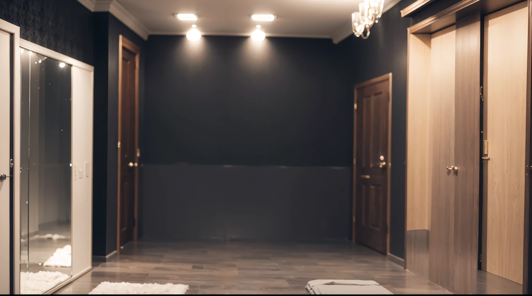 an empty fashion show dress-up room, (best quality,4k,8k,highres,masterpiece:1.2), ultra-detailed, (realistic,photorealistic,photo-realistic:1.37), with vibrant colors, studio lighting, and sharp focus, surrounded by dresses, mirrors, and hangers. the mirror, adjusting the long, The room is filled with an opulent atmosphere, with chandeliers casting mesmerizing shadows, and the walls adorned with fashion illustrations and mood boards. It's a perfect blend of elegance, creativity, and style, capturing the anticipation and excitement of a fashion show backstage.