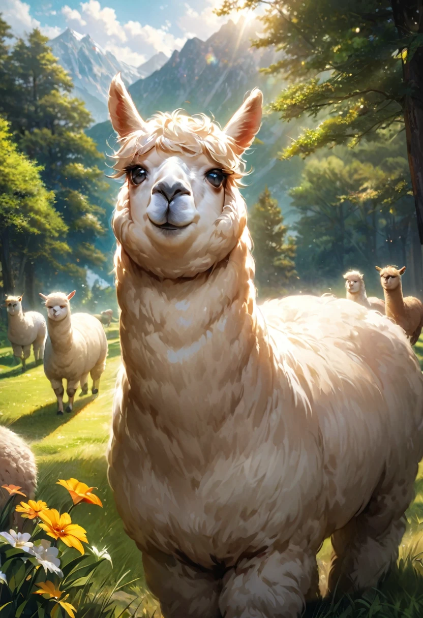 An Alpaca, aesthetic, (high quality,realistic,vivid colors,professional,bokeh:1.2),an alpaca in a beautiful garden,playful alpaca,soft and fluffy fur,curious alpaca exploring the surroundings,expressive eyes and adorable snout,natural landscape with vibrant flowers,bright sunshine illuminating the scene,green grass and tall trees swaying in the breeze,captivating colors and intricate details,joyful and carefree atmosphere,delightful interaction between the alpaca and its surroundings,playful alpaca jumping and frolicking,an alpaca eating grass on a sunny day,a mischievous alpaca winking at the viewer,cheerful and happy alpaca,peaceful and serene ambiance,scenic view with mountains in the background,contrasting textures of the alpaca's wool and the surrounding environment,beautifully composed image capturing the alpaca's charm and whimsy,an alpaca standing on its hind legs,curled eyelashes framing the alpaca's bright eyes,a gentle breeze rustling through the alpaca's fur,create a unique and captivating piece of art.