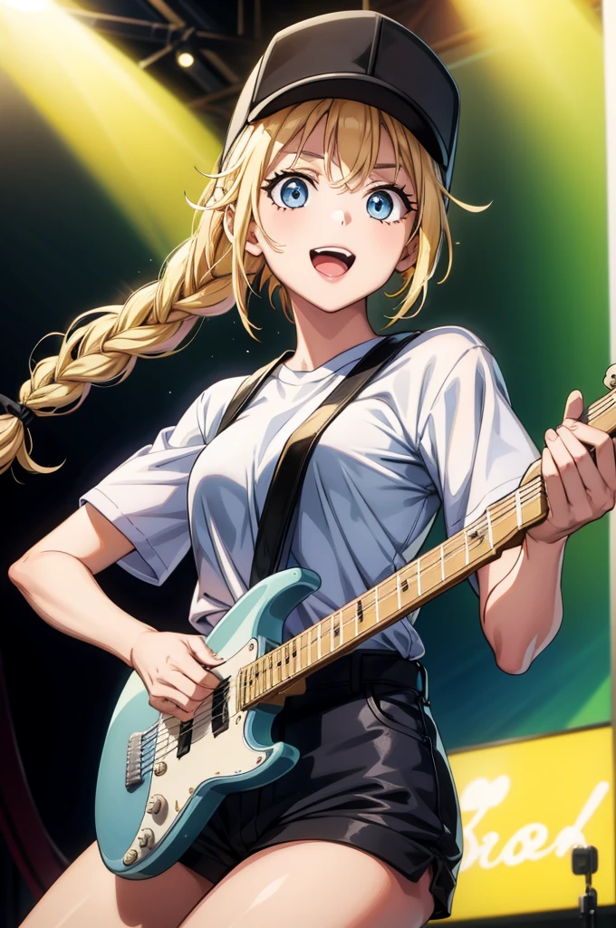 a female singer with blonde hair and electric guitar being held by a woman with a microphone, 1girl, solo, instrument, microphone, blue eyes, shorts, blonde hair, hat, guitar, long hair, braid, shirt, black shorts, white shirt, open mouth, baseball cap, holding, smile, black headwear, electric guitar, short sleeves, looking at viewer, holding instrument, music