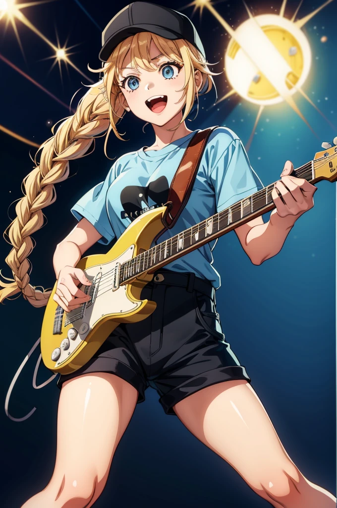 a digital drawing of a female video game musician with one foot on the ground and holding a guitar in the other, 1girl, instrument, guitar, blonde hair, blue eyes, braid, solo, hat, shorts, twin braids, long hair, electric guitar, shirt, blue shirt, black shorts, smile, open mouth, music