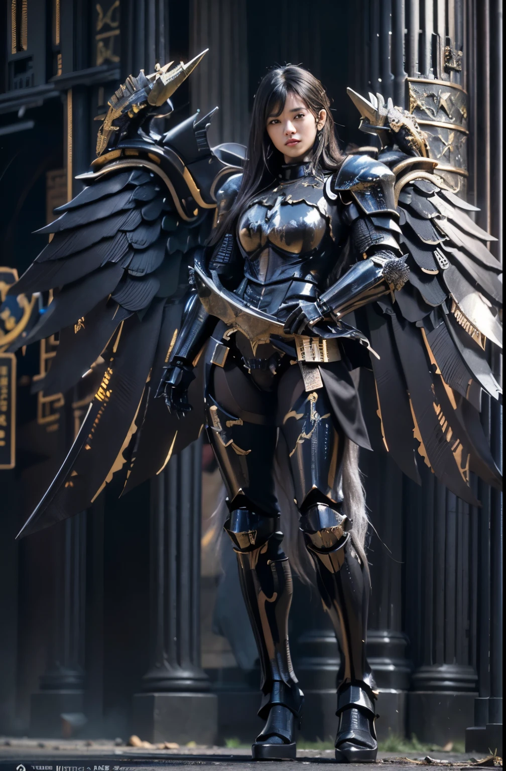 (masterpiece, best quality:1.2), (8k uhd, 16k, 32k, ultra high res), (photorealistic:1.37), (RAW photo), ultimate-realistic, ultimate-realistic details, ultimate-realistic texture, ultimate-intricate details, ultimate-realistic lighting, ultimate-realistic shadow, japanese girl, ultimate-cute face, ultimate-RAW skin, armor made of fine parts, ultimate-realistic eyes, Fallen angel, Lucifer, fallen, disastrous, (black mechanical knight armor:1.5), two pairs of jet black wings, straight hair, black hair, pretty Japanese woman, on top of a western castle tower