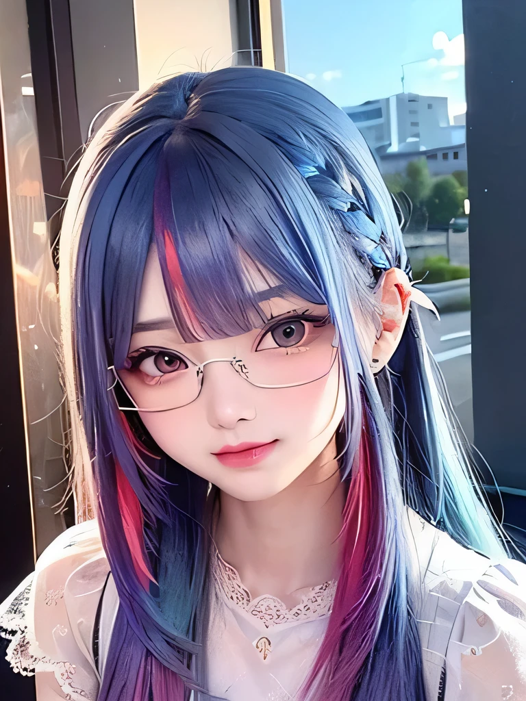 Small face、 )Very detailed,Bright colors, Very beautiful detailed anime faces and eyes, Look straight ahead,  Shiny_skin,girl, (((Rainbow Hair, Colorful Hair, half blue hair、half red hair: 1.2))), 、Shiny hair, Delicate beautiful face, blush、Glasses、(Turquoise Eyes), , Valletta, Earrings,、（(Flower Garden、Sunset、Luxury Hotel)）、((silver、translucent、Short sleeve、Floral、Lace blouse))、（Twin tails）、（smile、Happy Face、face dyed red）、Cheerful pose、dynamic、Upper Body、