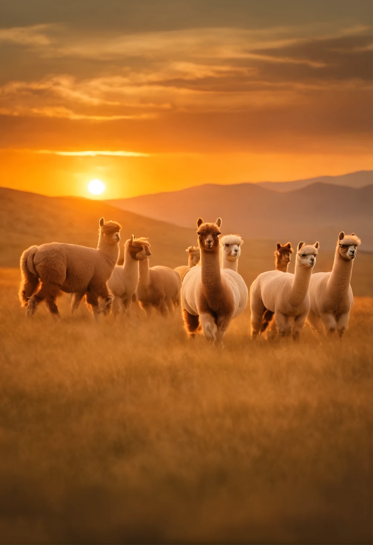 A herd of alpacas, galloping across the vast Mongolian grassland, under the golden sunset.
(best quality,4k,highres,masterpiece:1.2),ultra-detailed,(realistic:1.37)
oil painting,impressionism,soft brush strokes
earth tones,warm and golden colors,sunset hues
natural lighting,soft and warm sunlight,natural shadows
flickering grass,flowing hair in the wind
peaceful and free,full of vitality
dynamic movement and energy
wind blowing across the grassland,creating ripples
distant mountains,faintly visible
one alpaca at the forefront,leading the herd
flying dust,adding atmosphere
the vastness of the grassland,stretching to the horizon.