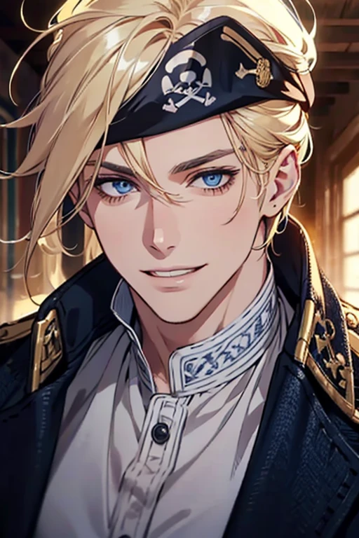 dark blue eyes, natural blonde hair, male, adult, smile, sunshine, pirate, moles on the face