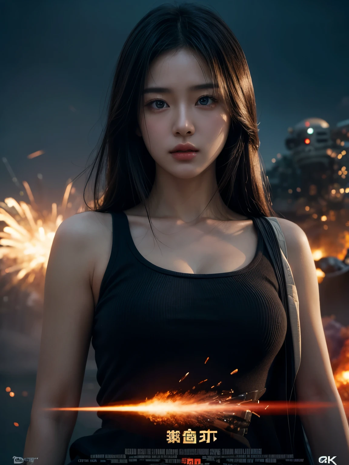 A movie poster of a beautiful Japanese girl with beautiful eyes, sci-fi, with a gun, explosions behind, cinematic lighting, smoke effect at the bottom, movie shot framing, high quality, ultra detail, 8k, promptingreal style, photon style