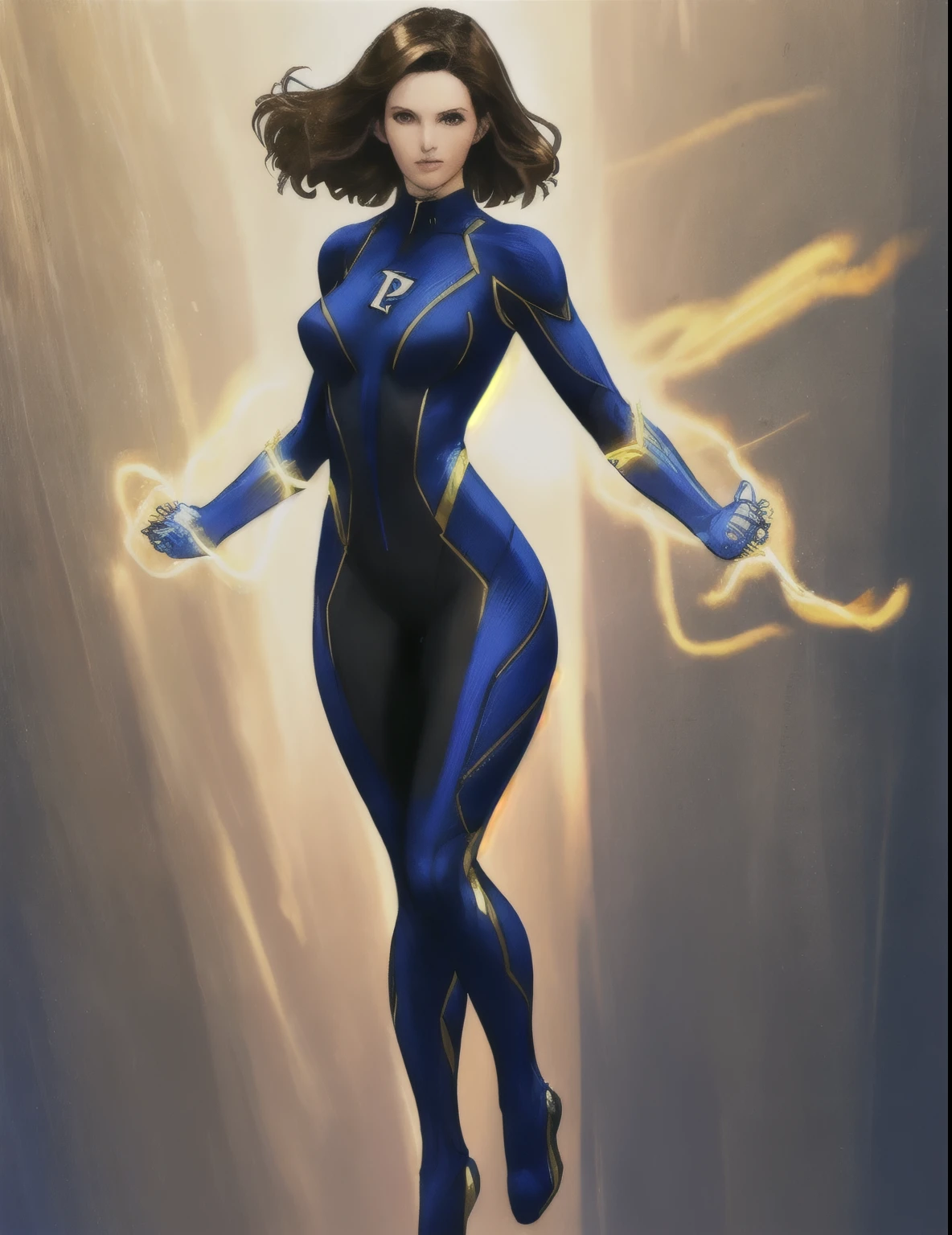 superhero suit, woman, full body, floating, electric powers, armor,,  bodysuit, realistic, brunette