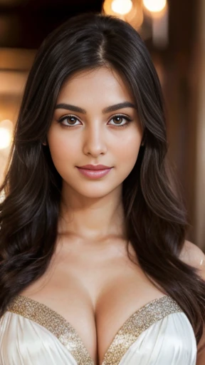 Modelling photo shoot, seductive pose, Full body hyper realistic photo of a white skinned italian woman named "sonam", gorgeous, seductive,26-year-old french woman, 60 kg weight, figure size 34-30-36,5'7" height, curvey hipps, pale white skin, bold party dress, glossy lips, glittery eyes, soft silky long hair,clivage, cute smile,brown eyes,thick lips, fancy restaurant, fasionable dress, blurred background, people in background,busty breast,gorgeous woman, beautiful woman, jaw dropping beauty, gorgeous lady, jaw-dropping beauty,big smile, RAW, beautiful woman, amzing hair ,brown-green eyes, ((portrait)), (Detailed face: 1.2)), (Detailed facial features)), (Fine skin), indian pale skin, normal lips colour, perfect face, beautiful face, high detail, slim body, (cold color), wet, moist, reflection, (masterpiece) ( Perfect proportions) (realistic photos) (highest quality)