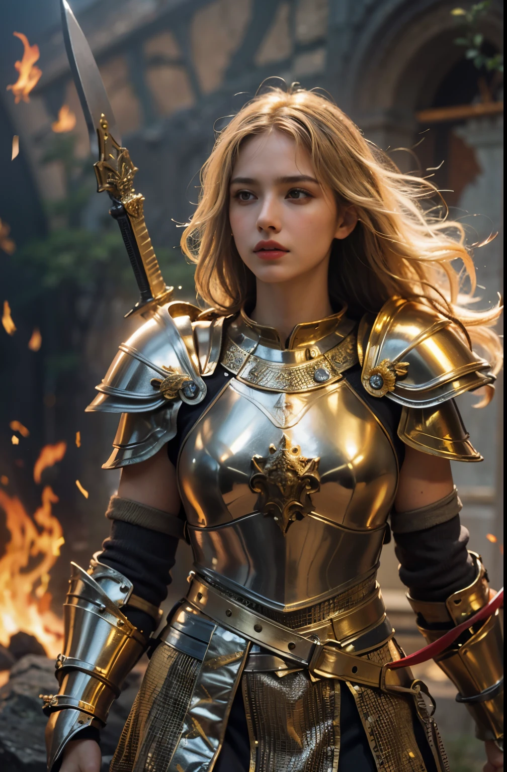 best quality,4k,8k,highres,masterpiece:1.2,ultra-detailed,realistic:1.37,female warrior,Joan of Arc,detailed armor,detailed sword,beautiful detailed eyes,beautiful detailed lips,extremely detailed face,long eyelashes,brave expression,fierce gaze,soaring hair,burning fire,armor texture,golden and silver metallic texture,holy light,historically accurate depiction,fantasy elements,divine inspiration,sacred surroundings,battlefield background,smoke and fire effects,dramatic lighting,warrior in action,strong and powerful posture,heroic pose,vivid colors,portrait style,heroic landscape,medieval fantasy,photorealistic painting,concept art