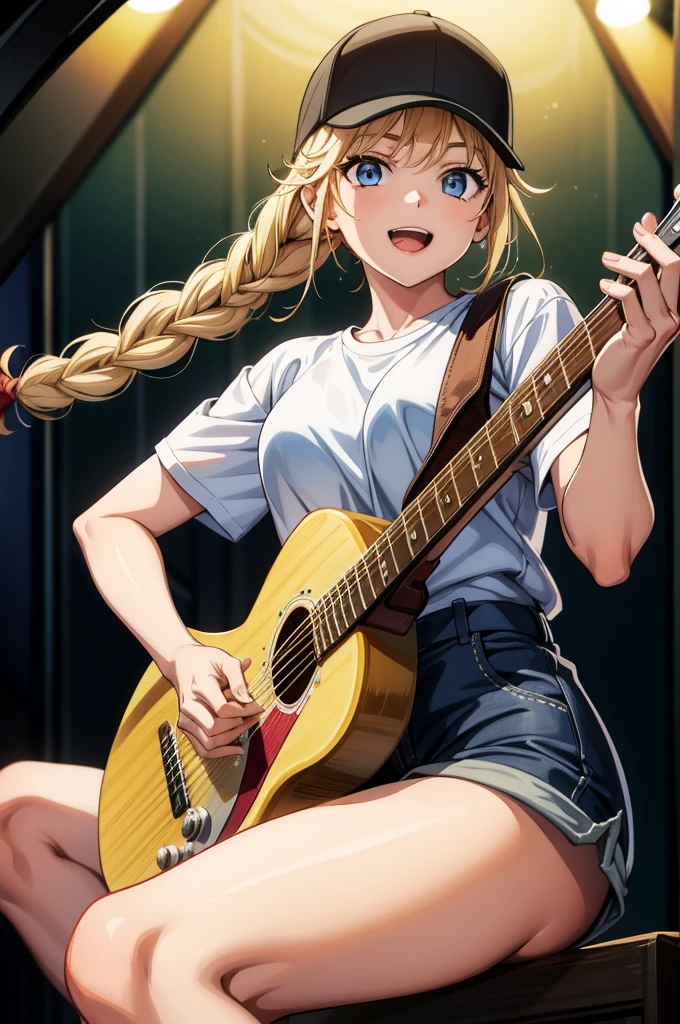 a girl with blond long hair playing a guitar in the studio apartment, 1girl, instrument, solo, hat, blue eyes, shirt, blonde hair, braid, shorts, white shirt, twin braids, black shorts, smile, guitar, long hair, open mouth, holding instrument, holding, baseball cap, looking at viewer, short sleeves, white headwear, electric guitar