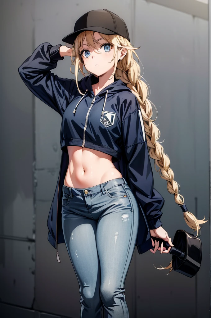 (((grayscale)))(masterpiece:1.2, best quality), (graffiti wall:1.15), 1lady, beanie, jacket, Leggings, blue eyes, fullbody,a female that is naked and holding baseball bat by the back of her head, 1girl, solo, navel, long hair, denim, pants, hat, blue eyes, blonde hair, braid, baseball cap, crop top, long sleeves, hand on headwear, stomach, jacket, looking at viewer, breasts, jeans, black headwear, midriff, zipper pull tab, blue jacket, cowboy shot, zipper, twin braids, holding bag, cropped jacket