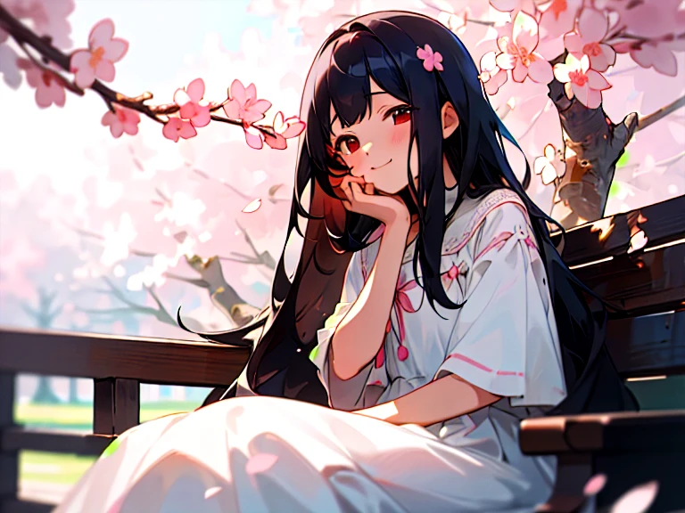 (masterpiece, highest quality),One girl with long black hair sitting with pink cherry blossoms in the background, She placed her hand under her chin, Warm lighting, White Dress, Blurred foreground,A shy smile