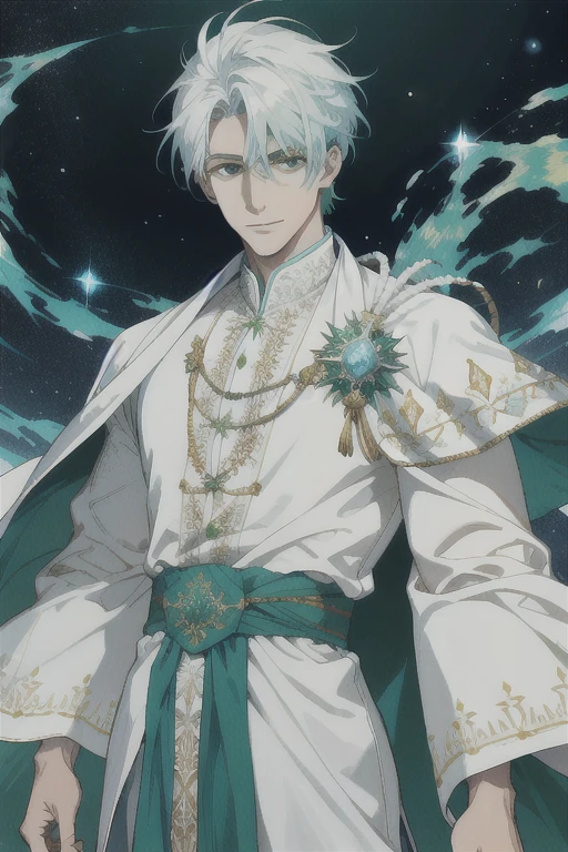 homem de 30 anos, cabelo social branco, wearing a white robe with green details, com cristais ao redor, with cosmic aura