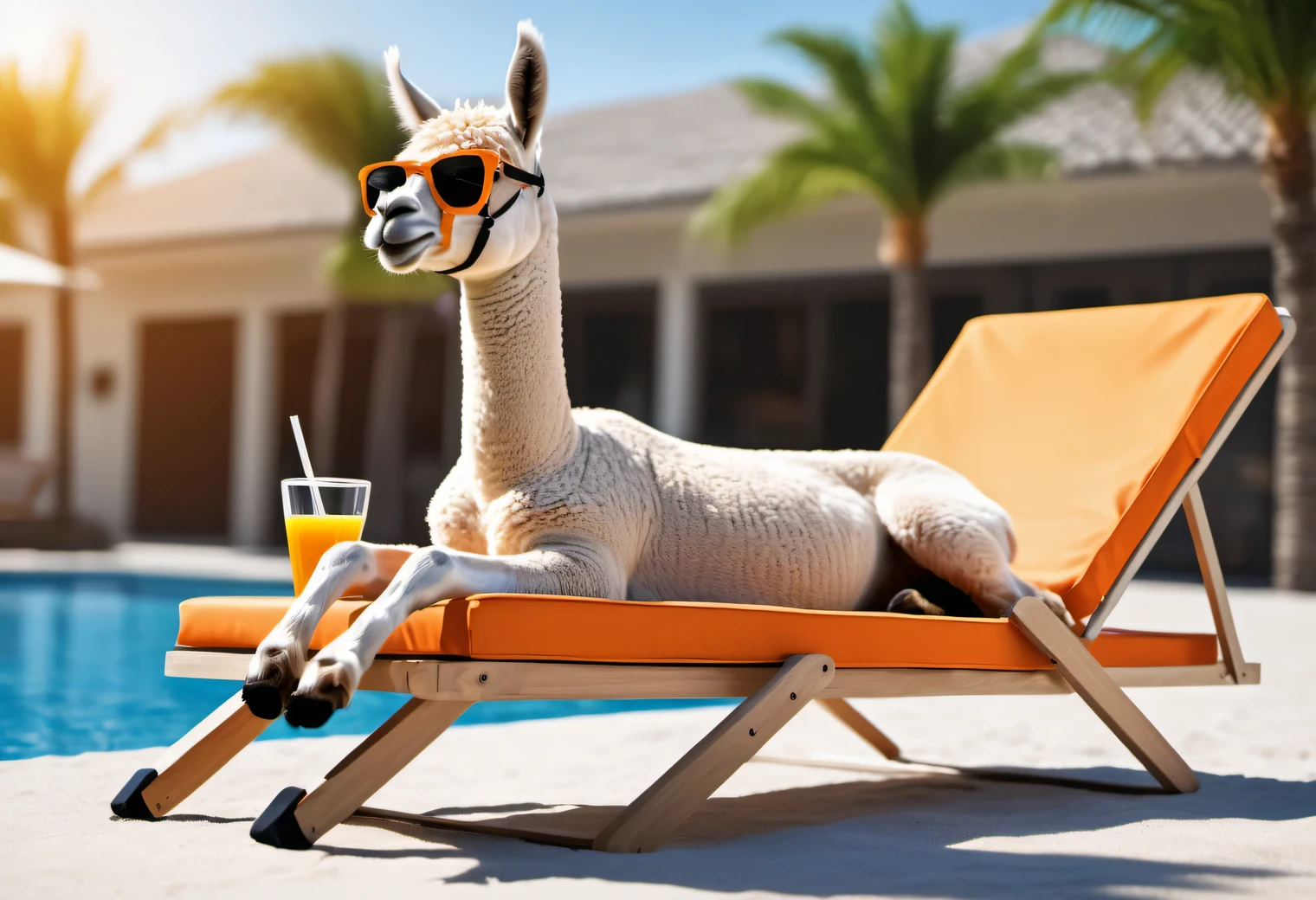 Realistic photo of a humanoid (anthropomorphic) beach alpaca in a beach suit on a sun lounger by the pool, wearing sunglasses, orange juice, High detail, lots of image details, very complex, 32K, Hyperrealistic, full pose, the whole body