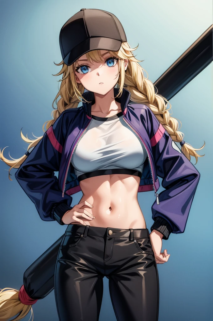 an image the female in leather and hat posing with ball and bat, 1girl, solo, hat, blue eyes, blonde hair, twin braids, navel, jacket, braid, crop top, long hair, pants, open jacket, breasts, looking at viewer, open clothes, baseball cap, midriff, blue jacket, holding, black headwear, stomach, long sleeves, hand on hip