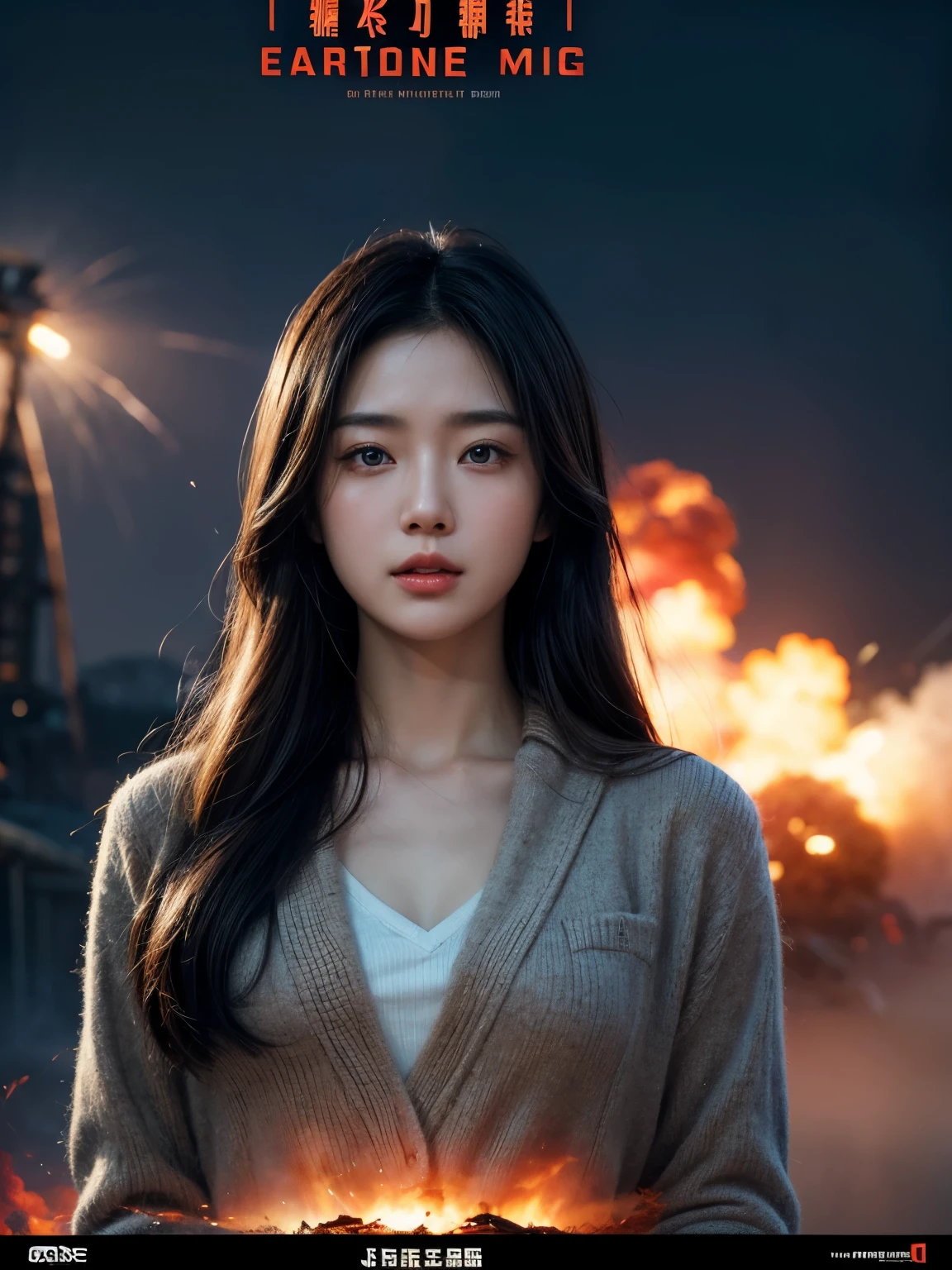 A movie poster of a beautiful Japanese girl with beautiful eyes, sci-fi, with a gun, explosions behind, cinematic lighting, smoke effect at the bottom, movie shot framing, high quality, ultra detail, 8k, promptingreal style, photon style