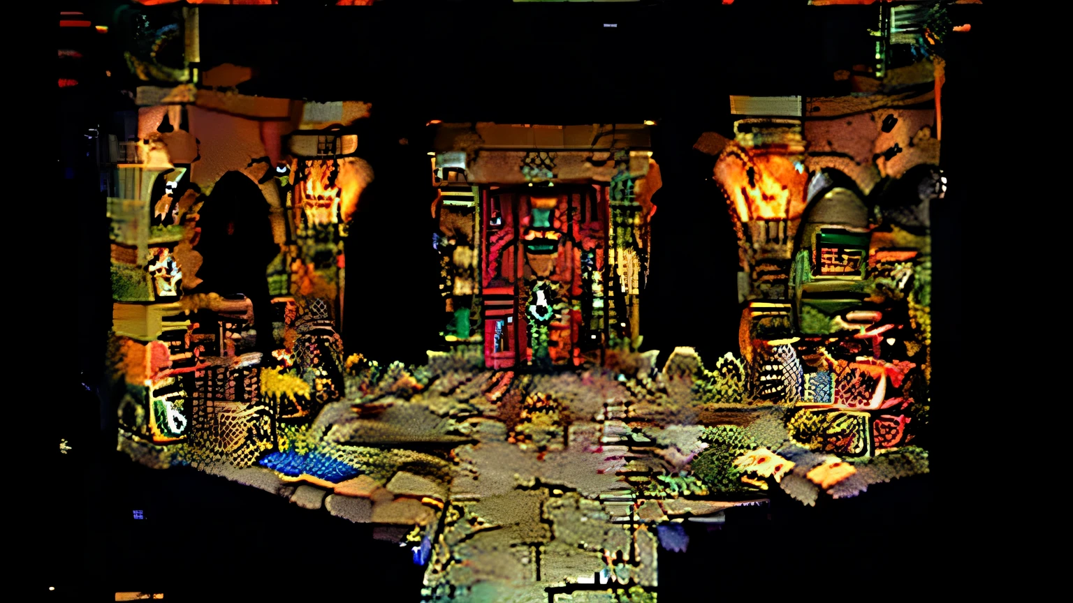 different colored doors, dark gritty, candlelit, rocky pavements