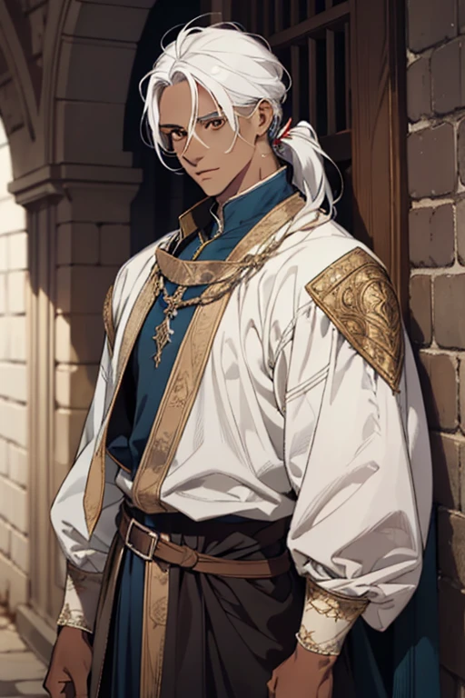 Realistic, (masterpiece, top quality, best quality, official art,) very detailed, most detailed, (1boy:1.3), dark skin, white hair, brown eyes, mysterious, handsome man, servant, ((medieval fantasy style)), fantasy clothing, intricate details, 1 male, handsome, tall muscular guy, braided ponytail, ponytail