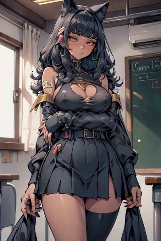 Italian girl, with very long black hair, 25 years old, hyper super gigantic and mammoth breasts, thin, has wet breasts, wears a torn tight blouse that does not contain the breasts and a pleated black miniskirt, , inside a school classroom