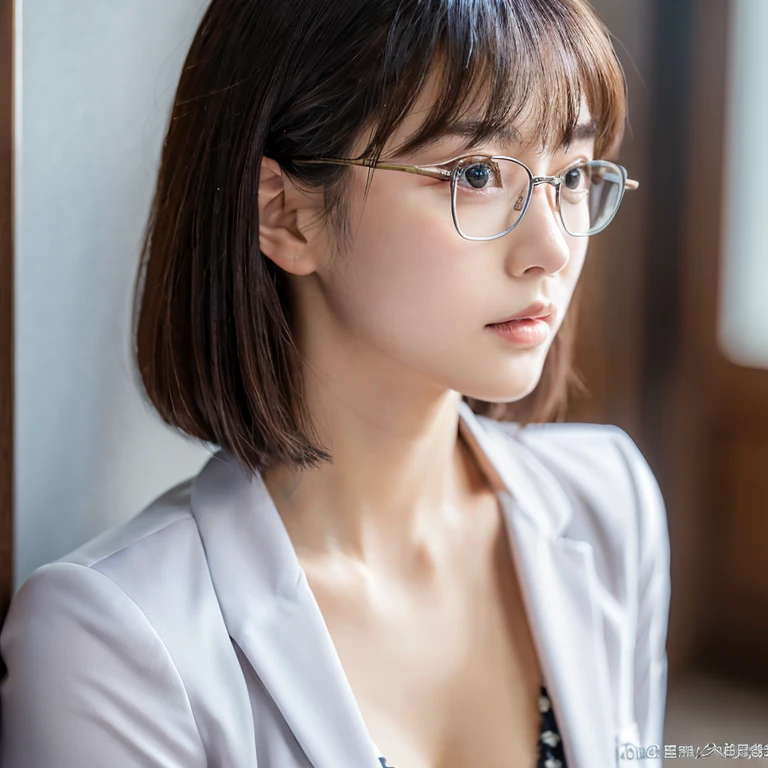 I'is working、sexy、Inconspicuous、quiet、beautiful girl、Japanese、Beautiful breasts、Short Bob、suit、Round face、thin, Round glasses with silver rim、job hunting、Big Breasts,Ultra-Realistic Capture, Very detailed, High resolution 16K human skin close-up. Skin texture must be natural, So detailed that even pores can be distinguished. Skin looks healthier, In a uniform tone. Use natural light and color,(RAW Photos, highest quality), highest quality, Very detailed, masterpiece, Super detailed