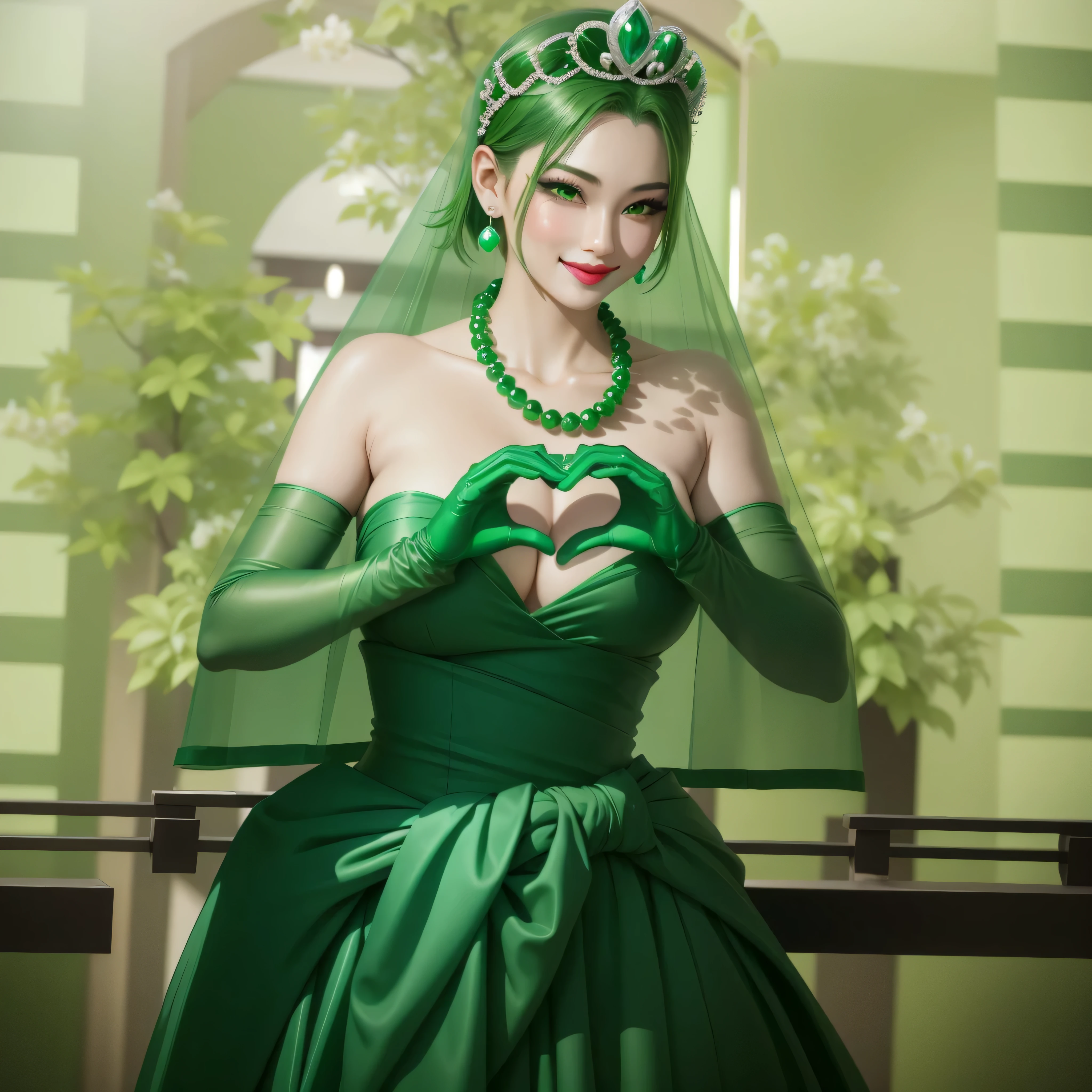 Emerald Tiara, green pearl necklace, boyish very short green hair, Green Lips, Smiling Japanese woman, very short hair, Beautiful woman with big breasts, green eyes, Green satin long gloves, green eyes, emerald earrings, green veil, Heart with both hands, green hair, beautiful japanese woman, Heart shaped hands:1.3, green lip gloss