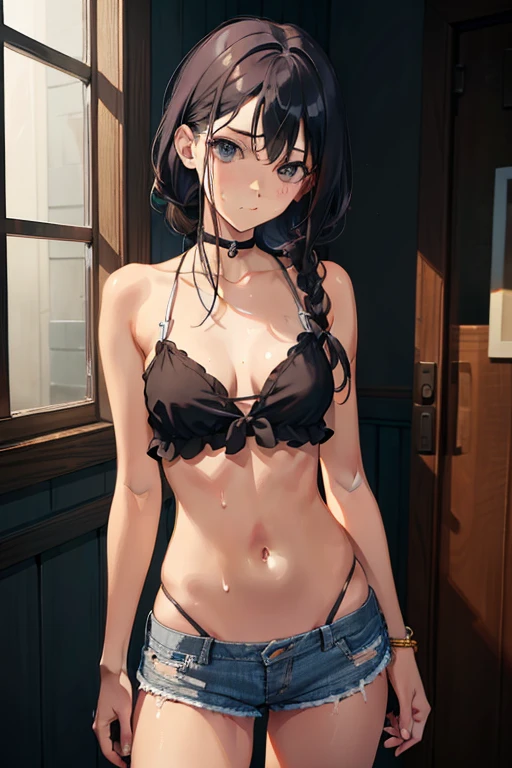 Tan-skinned anime girl, emaciated body, ribs visible, worn wrap cami top, frayed jean shorts, beads of sweat, hunger, gritty anime style, best quality, realism, high resolution, atmospheric, muted tones, cinematic lighting, sharp focus, depth of field, physically-based rendering, extreme detail, warped perspectives, textured, weathered.
An emaciated anime girl, tanned skin, ribcage evident, in a worn wrap cami top and frayed jean shorts. Sweat beads decorate her skin, signifying her hunger. Rendered in a gritty, anime style with a best-