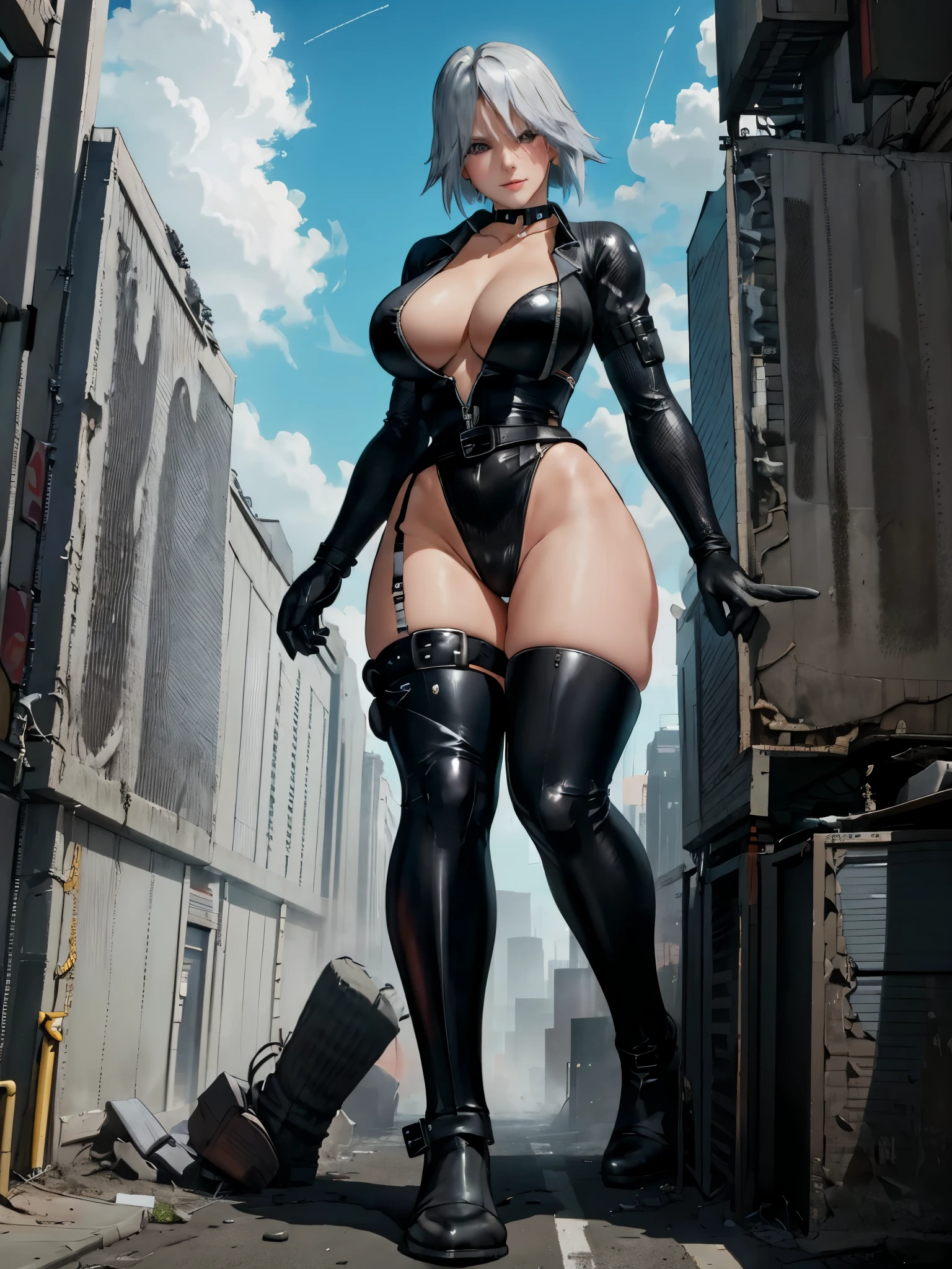 masterpiece, best quality, giantess, giant girl, DOAchristie, choker, white bodysuit, cleavage, belt, white gloves, black boots, (huge breasts:0.8) , looking at viewer, smile, frown, day sky, cityscape, walking in neon-city