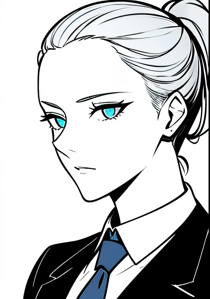 One Young Adult female, pale blonde slicked back into a short ponytail with a single bang on the left hand side, steel blue eyes, light and carefree expression, wearing black suit jacket and tie, portrait style, facing forwards