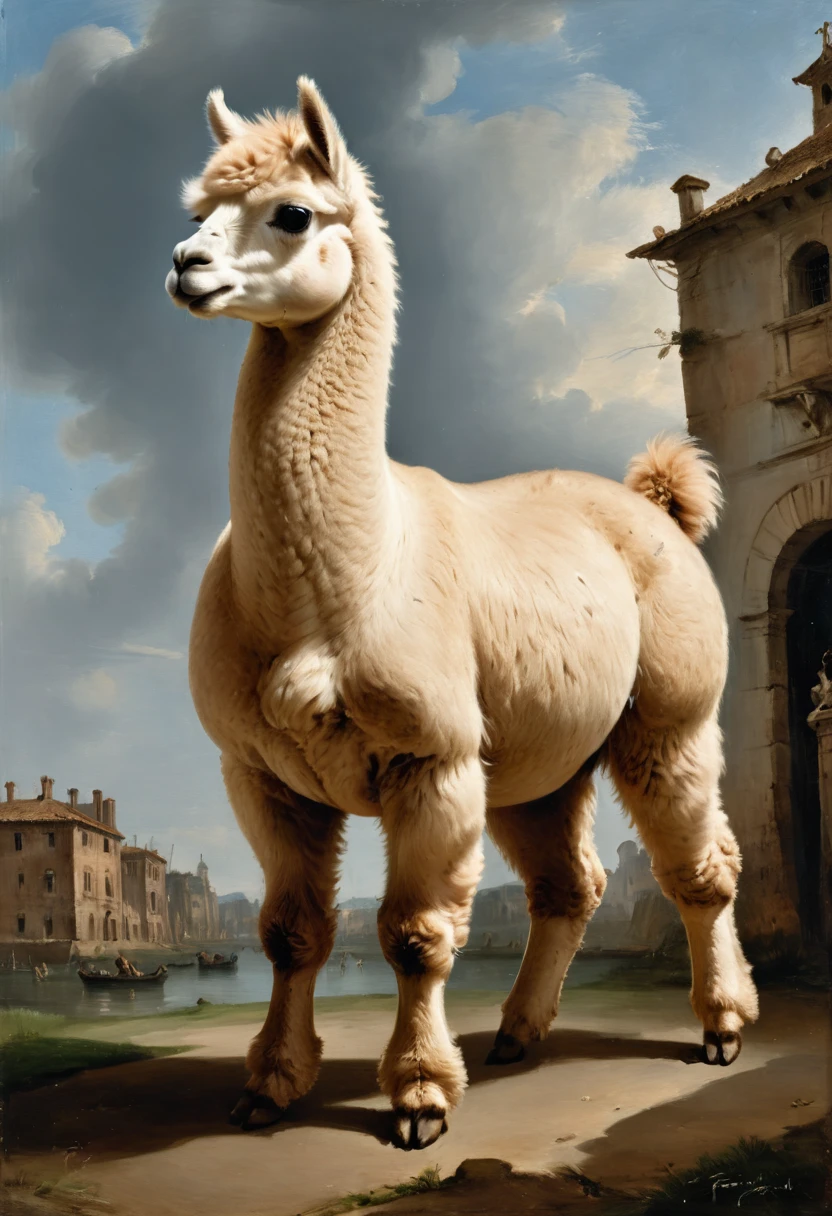 an Alpaca, by Francesco Guardi, best quality, masterpiece, very aesthetic, perfect composition, intricate details, ultra-detailed