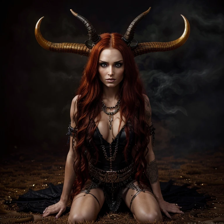 1 Demon woman with horns, fiery red long hair, ultra detailed face and eyes, hyperrealistic, realistic representation, 30 years old, dancing in hell, pretty face, her clothing is a long chain dress, wears high strap boots, in the background you can see demons, full body view 