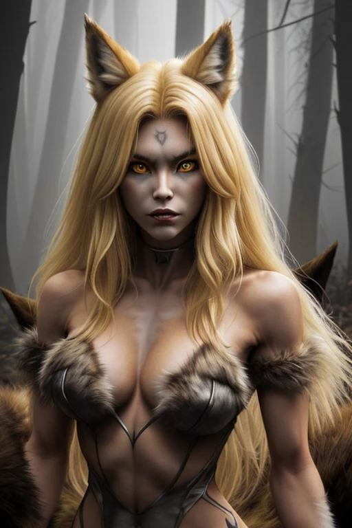 Lycanthrope woman with wolf head and wolf face blonde brown fur all over body muscular build sharp claws yellow eyes looking straight ahead towards viewer on a foggy forest background